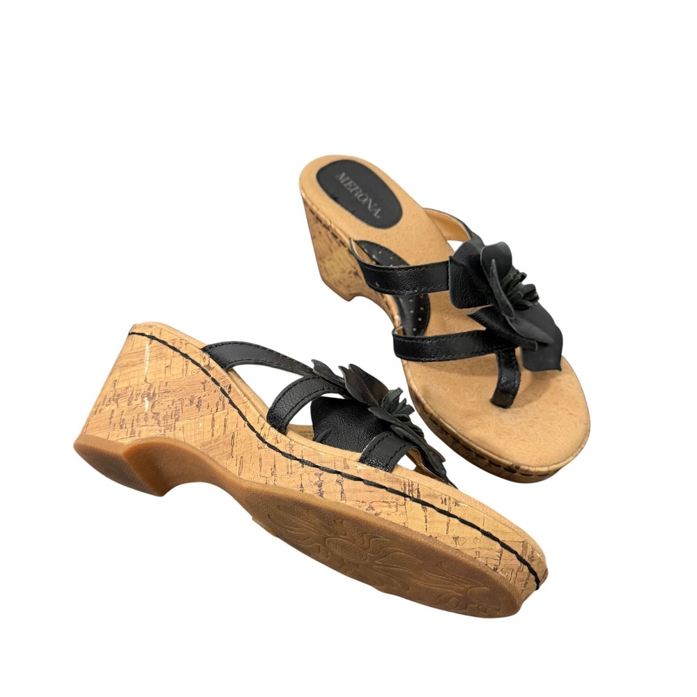 Merona Floral Cork Leather Strappy Wedge Sandal Black 6.5 Boho Y2K Resortwear
